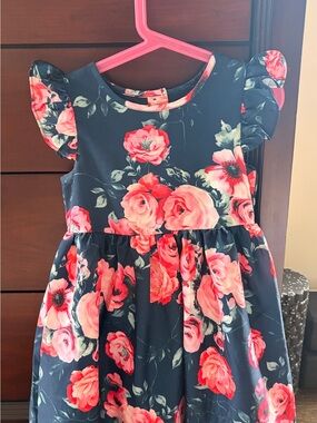 Girls Navy Floral Party Dress with Pink Rose Print